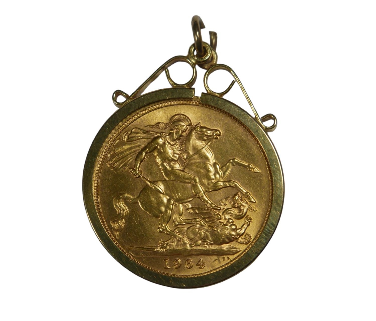 A 1964 FULL GOLD SOVEREIGN, PLACED IN A 9CT GOLD PENDANT MOUNT. (34mm x 24mm, 9.4g) - Image 3 of 3