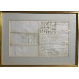 A MID 19TH CENTURY FRAMED LETTER ADDRESSED TO THE DUKE OF WELLINGTON FROM PRISONER WITH WRITTEN