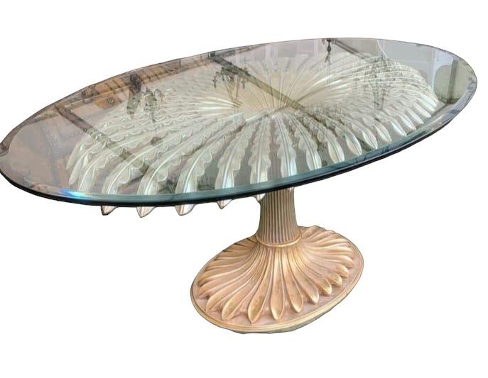 A LARGE ITALIAN CHELINI DESIGN CARVED GILTWOOD PALM TREE OVAL GLASS TOP DINING/CENTRE TABLE.