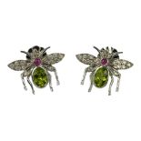 A PAIR 18CT WHITE GOLD LARGE FLY DESIGN EARRINGS, set with oval peridot, cabochon ruby and diamonds,