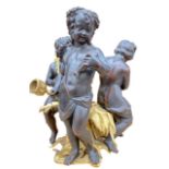 AN EARLY 19TH CENTURY BRONZE CENTREPIECE, ALLEGORICAL GROUP OF THREE PUTTIES On a tree form bases