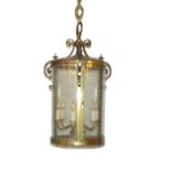 A LARGE AND IMPRESSIVE 19TH CENTURY VICTORIAN POLISHED BRASS HALL LANTERN With scrolling decoration.