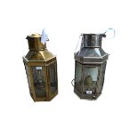 A WWI POLISHED STEEL AND GLAZED WALL HANGING LANTERN With turned wood handle and dated 1918,