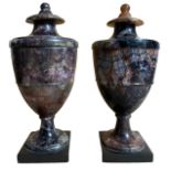 A PAIR OF GEORGE III BLUE JOHN CLASSICAL FORM URNS With turned finial on a pedestal socle base,