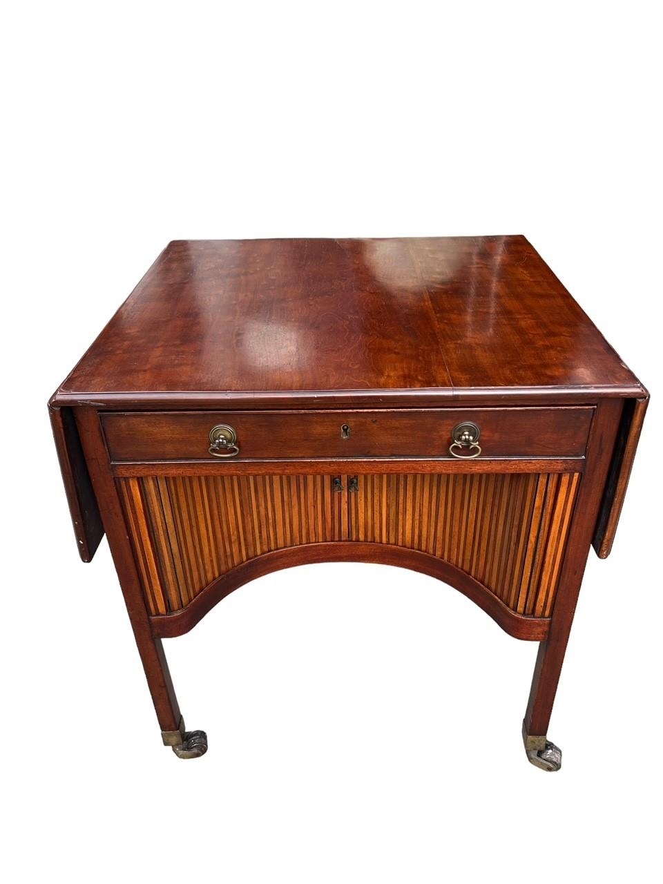 MANNER OF THOMAS CHIPPENDALE, A FREESTANDING GEORGE III PLUM MAHOGANY AND HARWOOD INLAID DROP FLAP