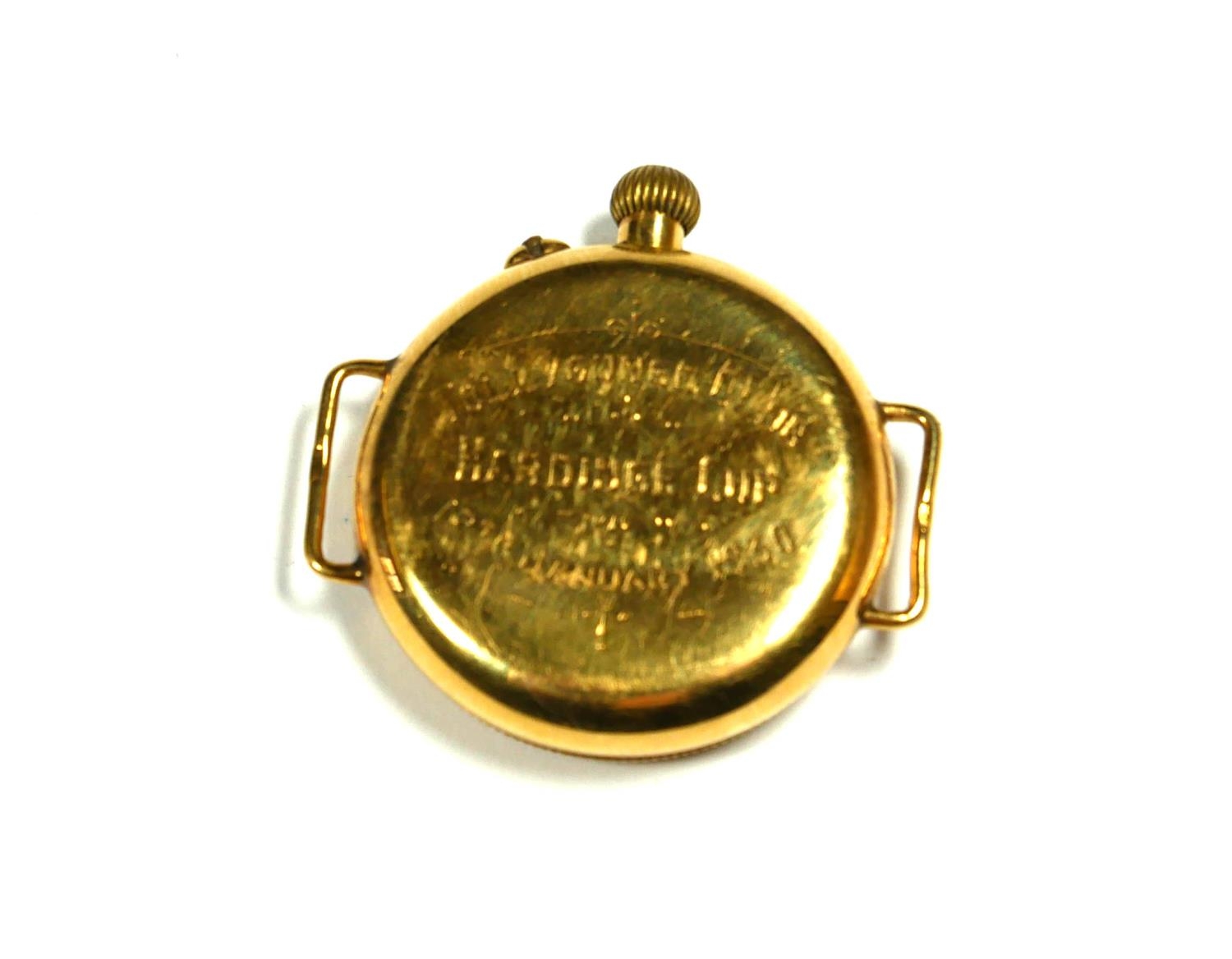 INDIAN & GOLFING INTEREST, AN 18CT YELLOW GOLD GENT’S WRISTWATCH CASE, ENGRAVED ‘TOLLYGUNGE CLUB, - Image 2 of 3