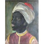 A LATE 19TH/EARLY 20TH CENTURY OIL ON BOARD PORTRAIT OF A GARBED AFRICAN MOOR, SIGNED INDISTINCTLY