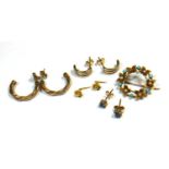 A VICTORIAN 15CT GOLD, TURQUOISE AND SEED PEARL BROOCH, TOGETHER WITH A COLLECTION OF 9CT GOLD