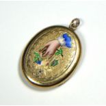 A YELLOW AND WHITE METAL ENAMELLED OVAL LOCKET, YELLOW METAL AND WHITE METAL TESTED FOR 14CT GOLD