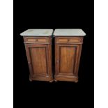 A PAIR OF 19TH CENTURY FRENCH MAHOGANY AND MARBLE TOPPED BEDSIDE CABINETS with single drawer above