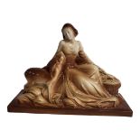 A FRENCH ART DECO STYLE SEMI PORCELAIN FIGURAL GROUP, CENTREPIECE OF A LADY AND DEER Covered in