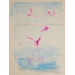 ZAROU AQUARELLE, WATERCOLOUR Landscape, group of flamingos, titled 'Tres Amicalement', signed