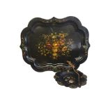 A VICTORIAN PAPER MACHE SERVING TRAY Decorated centrally with flowering branches, enriched in