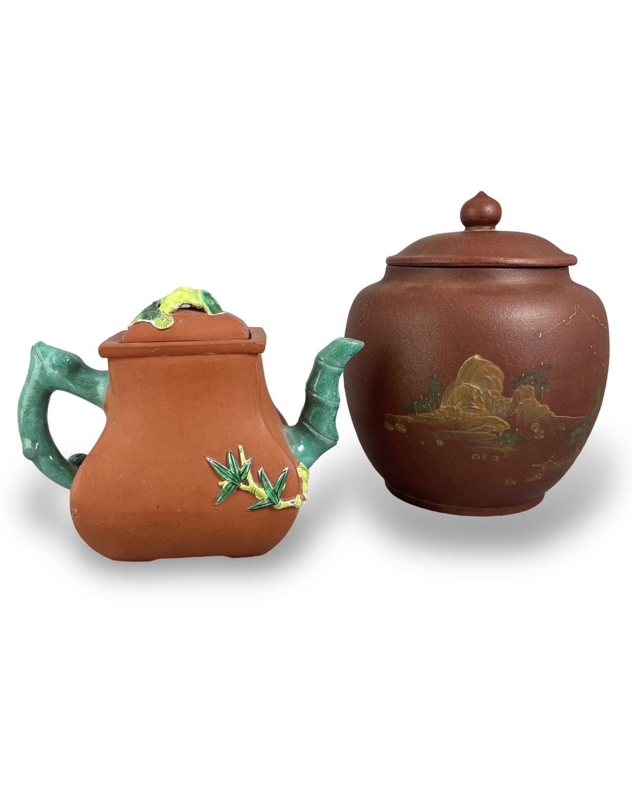 A LATE 19TH/EARLY 20TH CENTURY YIXING STONEWARE JAR AND COVER Hand painted decoration and