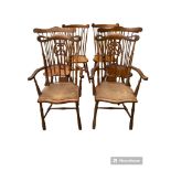 A MATCHED SET OF SIX VICTORIAN STYLE STICK BACK OAK AND PINE DINING CHAIRS. (60cm x 50cm x 122cm)