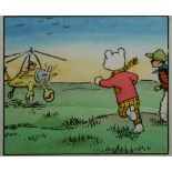 A 20TH CENTURY WATERCOLOUR 'RUPERT THE BEAR' CARTOON Landscape with Rupert and vintage airplane,