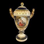 A FINE LATE 19TH CENTURY DRESDEN WOLFSON HELENA NEOCLASSICAL PORCELAIN JEWELLED URN AND COVER, CIRCA