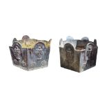 A PAIR OF 18TH CENTURY DESIGN LEAD CASTLE TOP PLANTERS OF HEXAGONAL FORM FIGURED WITH URNS. (53cm