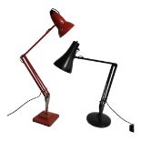 TWO VINTAGE DESIGN ANGLE POISE LAMPS painted red finish with square base and an ebonised lamp.