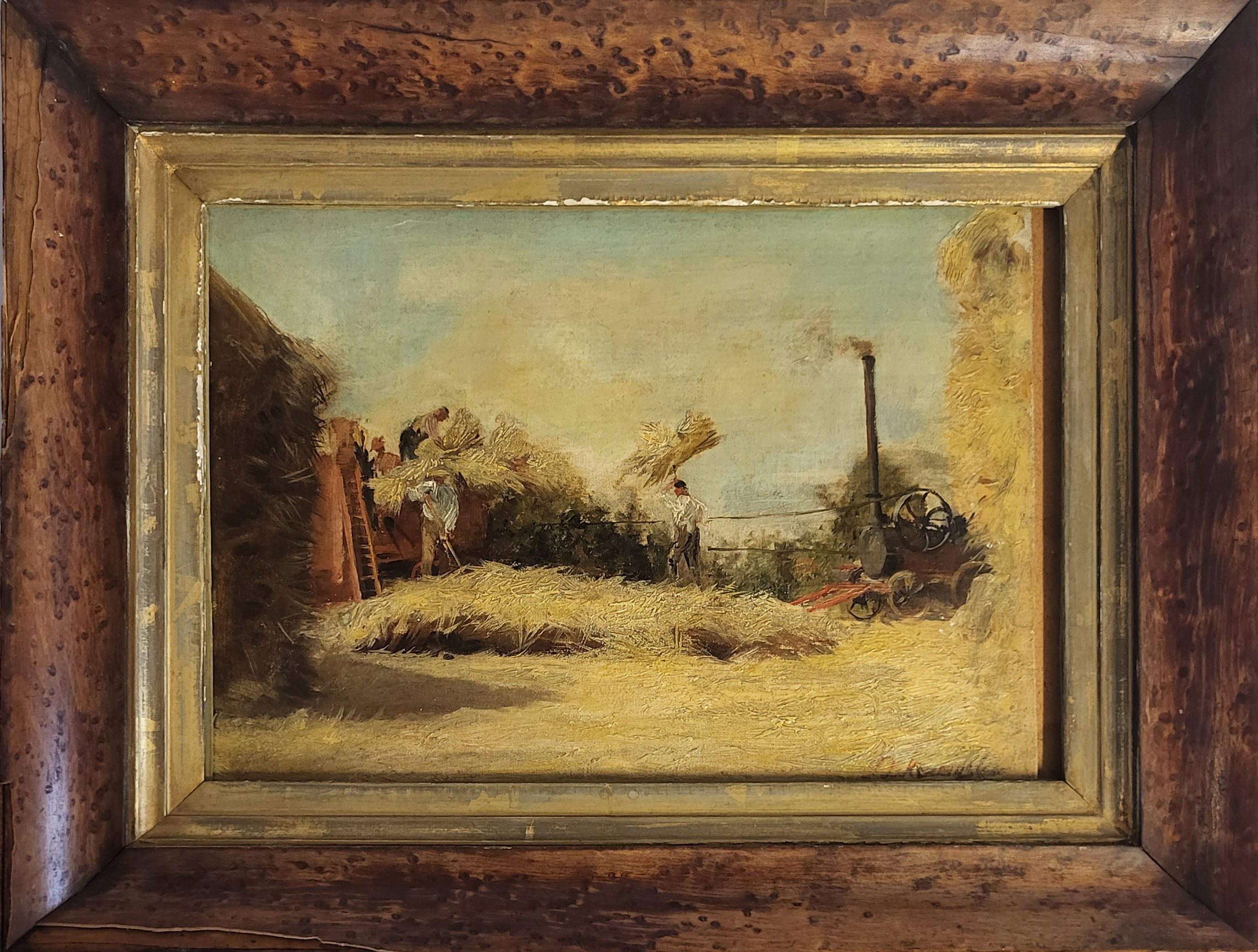 T. KENNINGTON, AN EARLY 20TH CENTURY OIL ON BOARD Titled 'Threshing By Stream', landscape, haymaking - Image 2 of 4