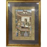 A PERSIAN WATERCOLOUR, LANDSCAPE, TRADITIONAL SCENE, FIGURES IN PERIOD ATTIRE Framed and glazed. (