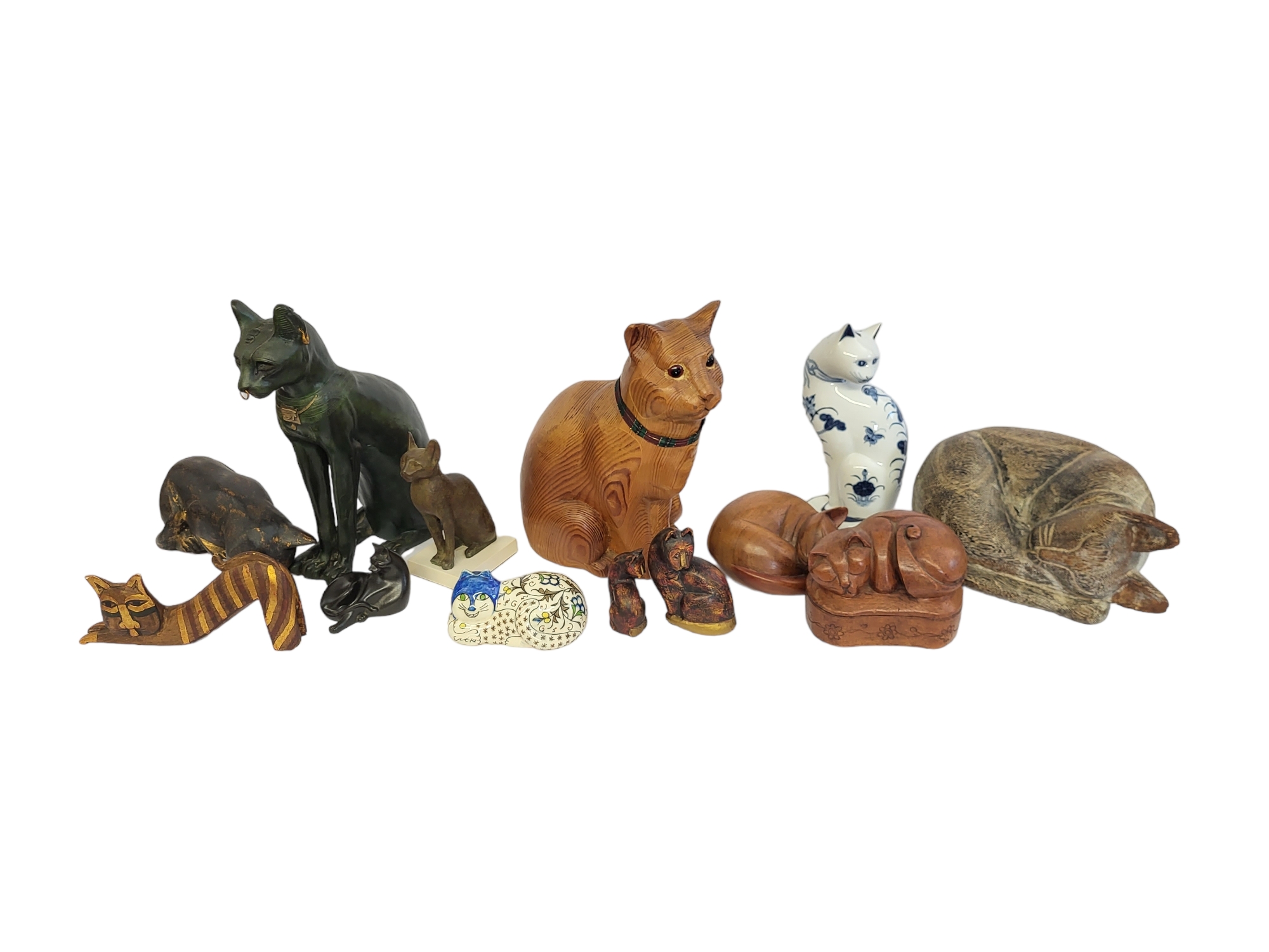 TWO ANCIENT EGYPTIAN STYLE MODELS OF CATS, together with 11 various models of cats, consisting of