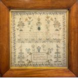 AN EARLY VICTORIAN NEEDLEWORK SAMPLER, Susannah Rice her work aged 10 years, mahogany framed and