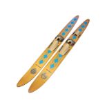 A PAIR OF VINTAGE MERCURY KATHRO WATER SKIS, lacquered plywood with blue diamond decoration