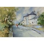 ALAN SIMPSON 1941-2007,A WATERCOLOUR LANDSCAPE Welsh street scene of Pontyprid Roundhouse with two