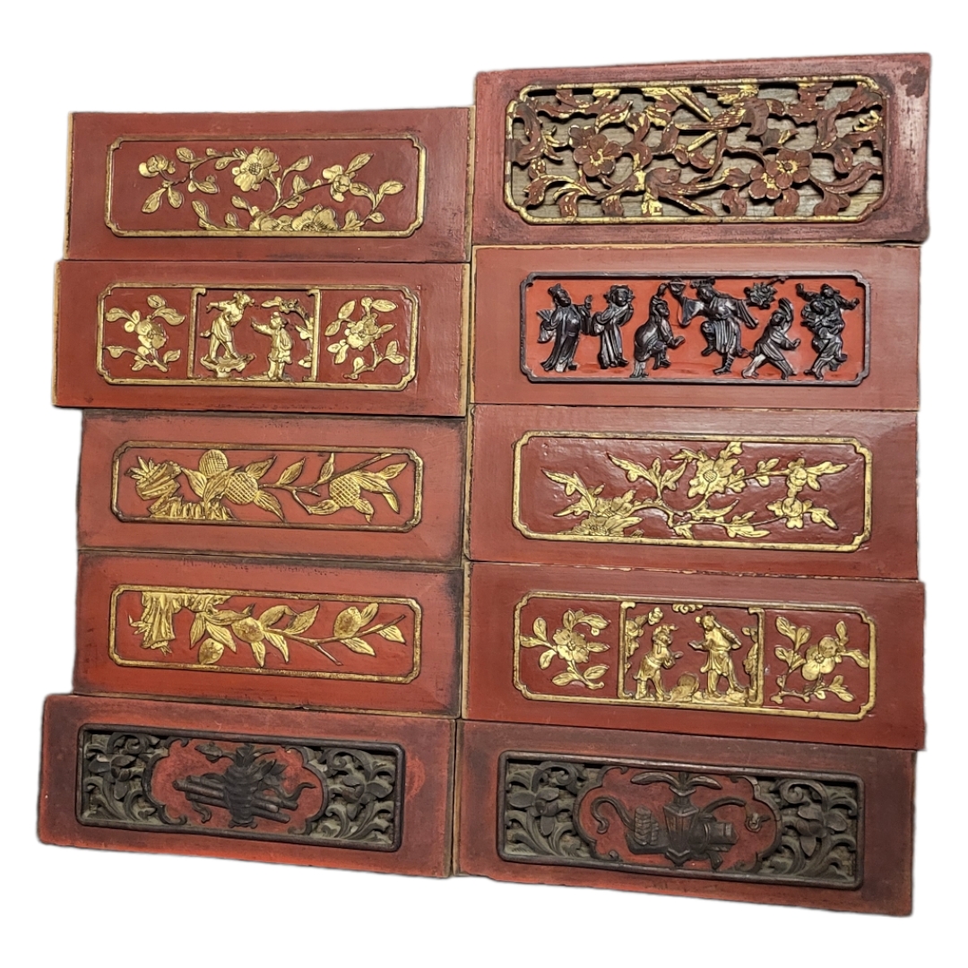 A SET OF TEN CHINESE EXPORT LATE 19TH CENTURY TIELI HARDWOOD RED LACQUER WOODEN PANELS Carved in