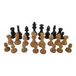 A POST EDWARDIAN EBONY AND BOXWOOD STAUNTON PATTERN STYLE COMPLETE CHESS SET Contained in original
