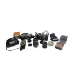A COLLECTION OF VINTAGE CAMERAS and accessories to include Olympus, Praktika, lenses, etc.