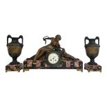AN ART DECO SPELTER AND MARBLE FIGURAL MANTLE CLOCK GARNITURE Semiclad female with panther seated on