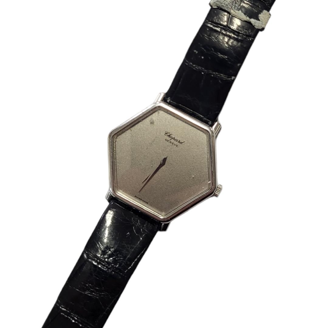 CHOPARD, AN 18CT WHITE GOLD GENT’S WRISTWATCH Hexagonal form silver tone dial and black leather - Image 2 of 3