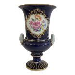 MEISSEN, A 19TH CENTURY CAMPANA FORM COBALT BLUE FLORA PATTERN VASE Hard paste porcelain twin