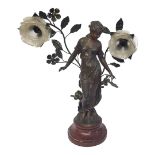 AFTER MOREAU, FRENCH ART NOUVEAU PERIOD HEAVY SPELTER BRONZED PATINATED LAMP BASE (MODELLED AS A