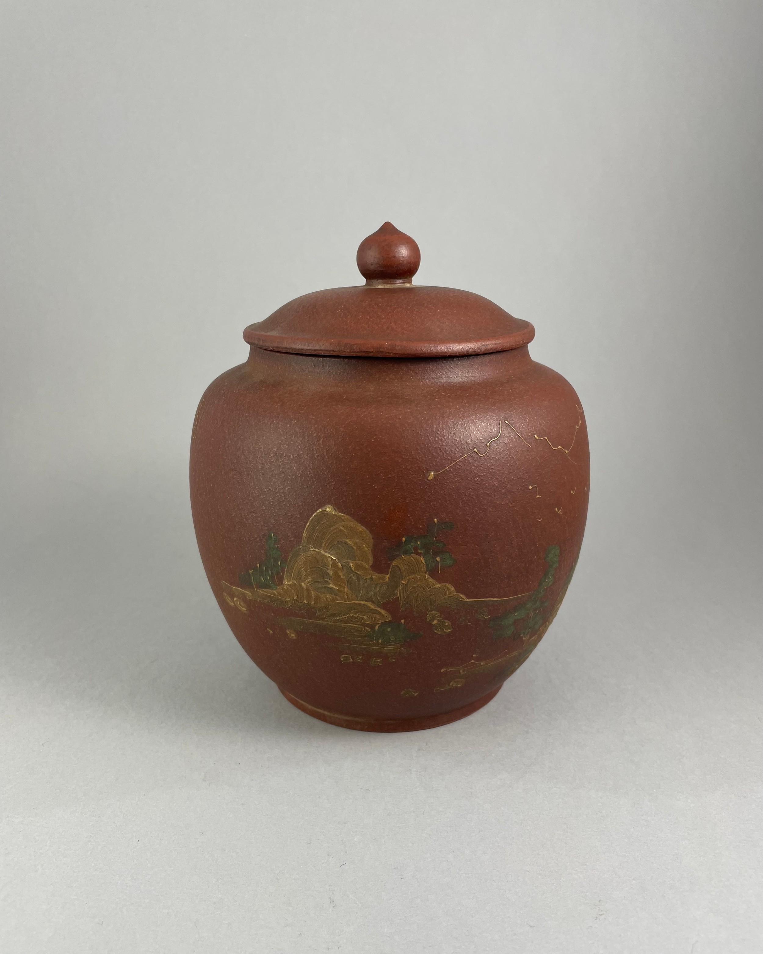 A LATE 19TH/EARLY 20TH CENTURY YIXING STONEWARE JAR AND COVER Hand painted decoration and - Image 8 of 13