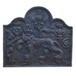 A 17TH CENTURY STYLE SCOTTISH CAST IRON FIREBACK With thistle above lion, recast. (78cm x 68cm)