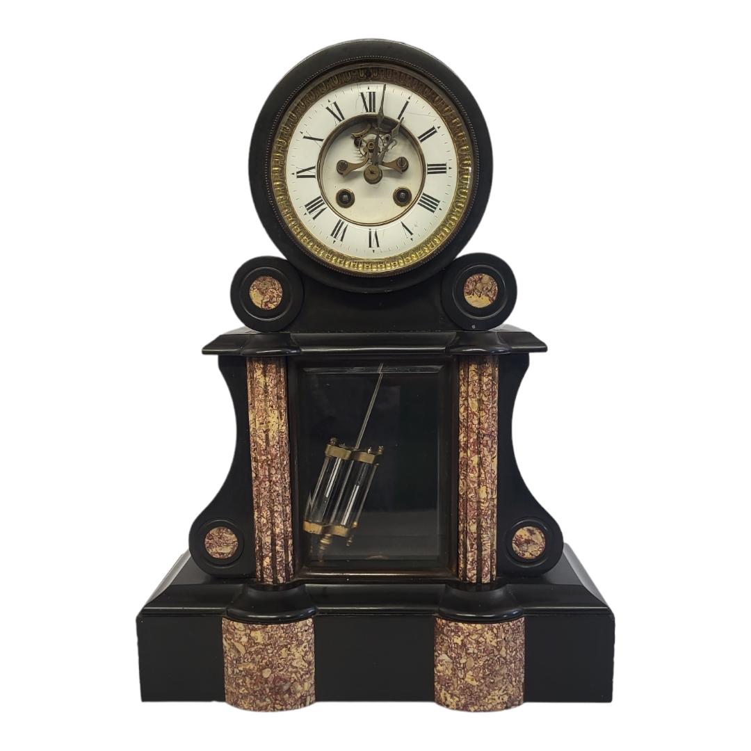 JAPY FRÈRES, A 19TH CENTURY BELGIAN SLATE AND ROUGE MARBLE MANTLE CLOCK Architectural form with