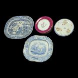 TWO 19th CENTURY BLUE AND WHITE POTTERY MEAT PLATES, willow pattern and a Roman chariot scene,