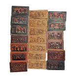 A SET OF SEVEN 19TH CENTURY CHINESE EXPORT ELM AND FRUITWOOD CARVED PANELS Together with thirteen