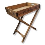 A DECORATED PINE VINEYARD BUTLERS TRAY ON STAND. (65cm x 45cm x 78cm) Condition: good overall