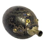 A FRENCH NAPOLEON III PERIOD CARVED COCONUT POWDER FLASK Decorated with coat of arms, court scene