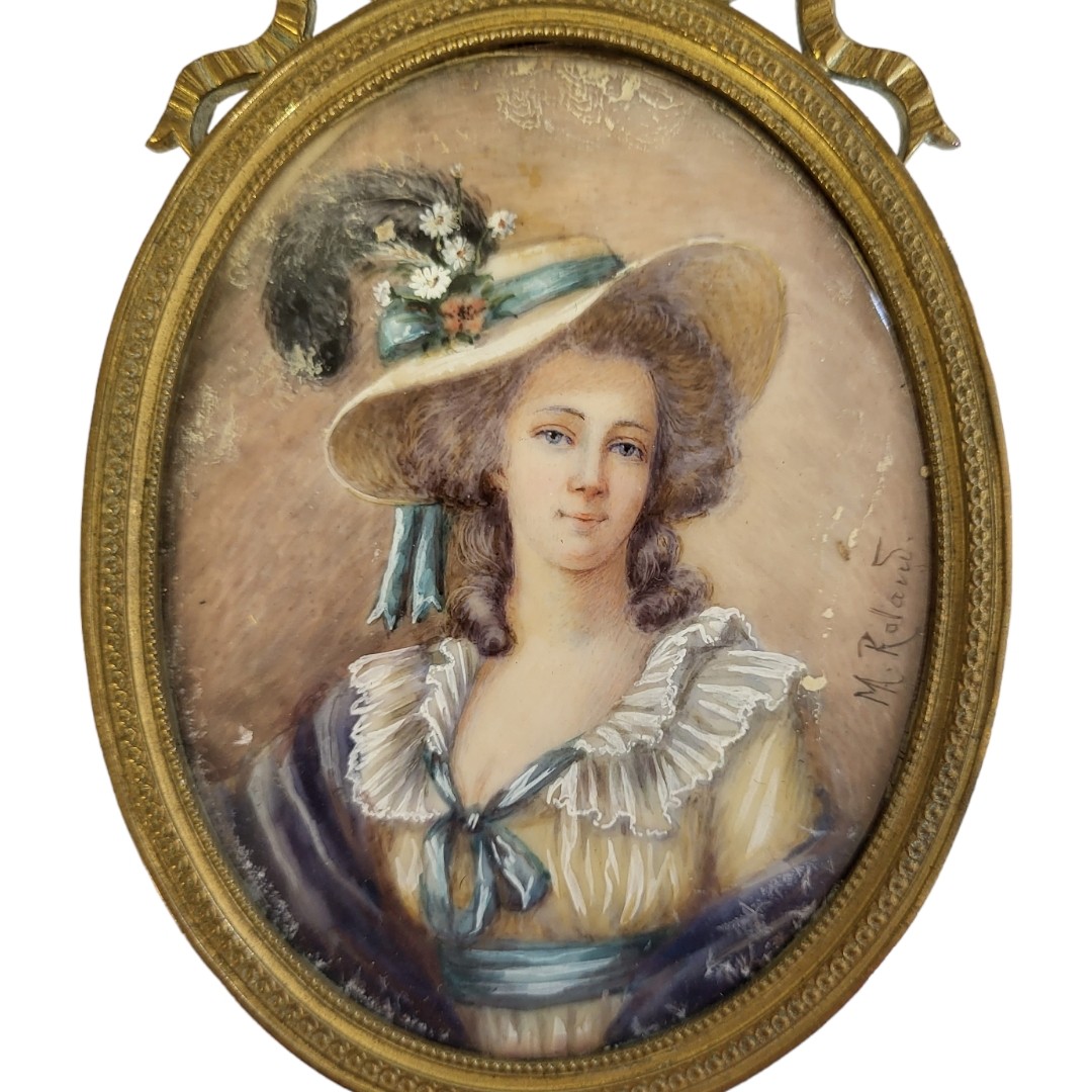 M. ROLLAND, A LATE 19TH CENTURY OVAL MINIATURE PAINTING ON IVORY Portrait of a lady in feather straw - Image 3 of 4