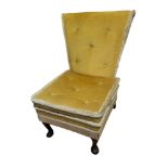 A MID CENTURY BEDROOM CHAIR In lemon fabric upholstery on squat cabriole legs Condition overall good