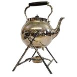 A LATE VICTORIAN SHEFFIELD SILVER PLATED KETTLE ON AESTHETIC MOVEMENT SHAPED STAND, CIRCA 1880 The