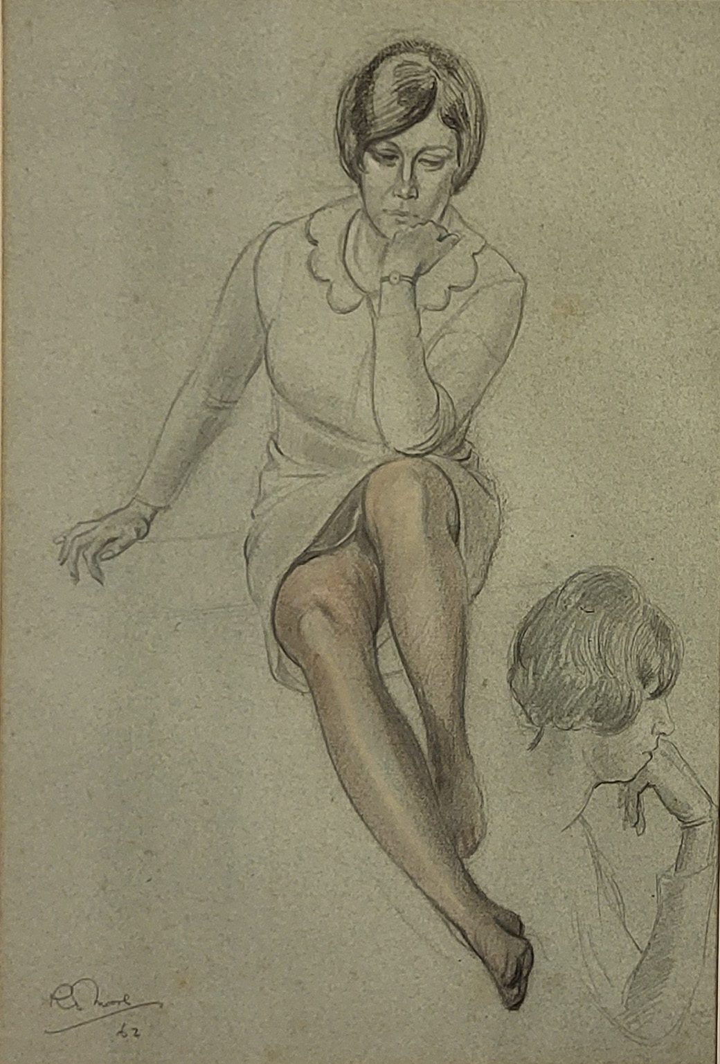 R D MOORE FL 1940-1960 PEN & WATERCOLOUR Study of a seated female Signed and dated 62, mounted - Image 2 of 4