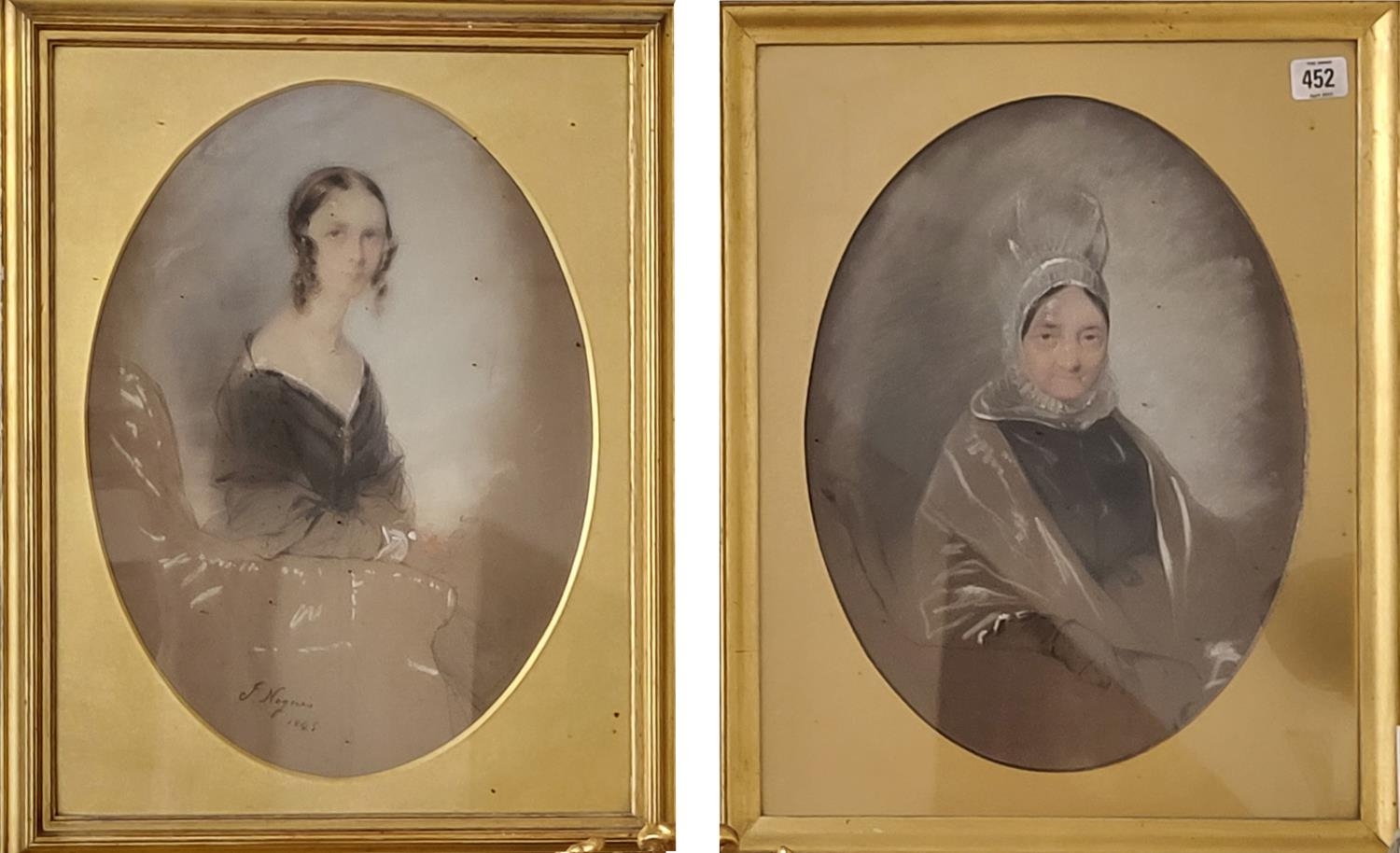 A PAIR OF EARLY VICTORIAN OVAL PASTEL PORTRAIT, FEMALES NOGNES, 1845 Gilt mounted, framed and