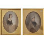 A PAIR OF EARLY VICTORIAN OVAL PASTEL PORTRAIT, FEMALES NOGNES, 1845 Gilt mounted, framed and