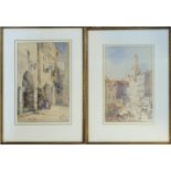 A PAIR OF 19TH CENTURY CONTINENTAL WATERCOLOUR Landscape views, street scenes, figures in period